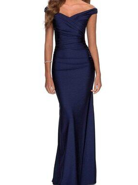 NWT La Femme 28450 Prom Ruched Sheath Dress Navy Size 0 and 10